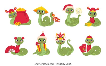 Chinese zodiac snakes. New year celebration zodiac mascots, funny cartoon festive characters, 2025 holiday symbol, cute asian horoscope animals in traditional clothes, isolated vector set