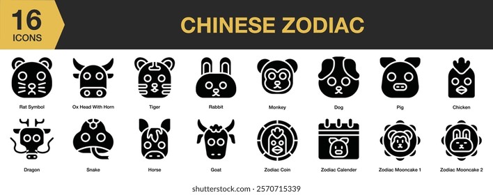 Chinese Zodiac solid icon set. Includes zodiac, china, greeting, celebration, calendar, festival, and More. Solid icons vector collection.