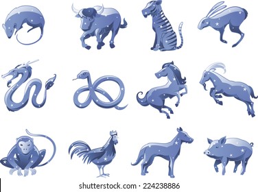 Chinese zodiac star animal symbols cartoon vector illustration