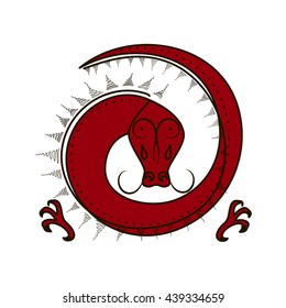 Chinese zodiac symbol red Dragon made by traditional Chinese paper cut arts. Isolated on white background. Horoscope for dragon year. Vector es10 illustration.