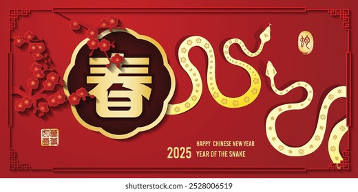 Chinese zodiac symbol year snake with paper cut art, Gold Chinese wording translation Spring. Left side image translation Everything is going smoothly, Right side translation year of snake.