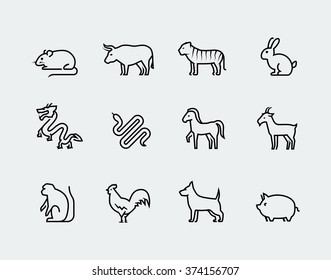 Chinese zodiac vector icons in thin line style