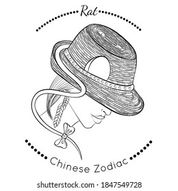 Chinese Zodiac. Vector illustration the symbols of the year of Rat as a beautiful fashion girl in hat. Line art template suitable for coloring book page. Hand drawn isolated on the white background