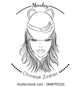 Chinese Zodiac. Vector illustration the symbols of the year of Monkey as a beautiful fashion girl in hat. Line art template suitable for coloring book page. Hand drawn isolated on the white background