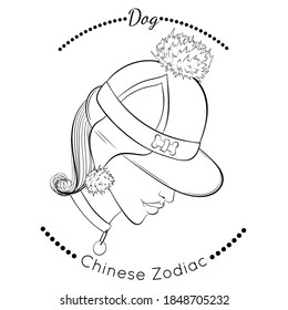 Chinese Zodiac. Vector illustration the symbols of the year of Dog as a beautiful fashion girl in hat. Line art template suitable for coloring book page. Hand drawn isolated on the white background