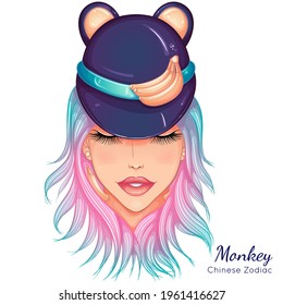 Chinese Zodiac. Vector illustration the symbols of the year of Monkey as a beautiful fashion girl in hat. Portrait isolated on white background. Fashion model woman
