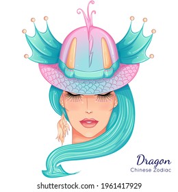 Chinese Zodiac. Vector illustration the symbols of the year of Dragon as a beautiful fashion girl in hat. Portrait isolated on white background. Fashion model woman