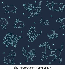 Chinese zodiac in vector. Seamless pattern.