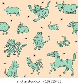 Chinese zodiac in vector. Seamless pattern.