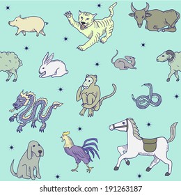 Chinese zodiac in vector. Seamless pattern.