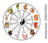 Chinese zodiac wheel with Twelve animals and animal names, yin yang, doodle. Vector illustration