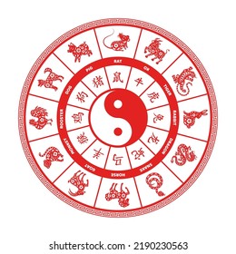Chinese zodiac wheel with twelve animals and hieroglyphs isolated on white background. Vector illustration. Нin yang duality symbol. China characters letters with translation. svg