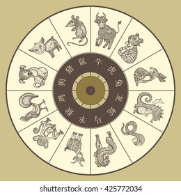 Chinese zodiac wheel with twelve. Vector hand drawn cartoon animals