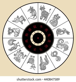 Chinese zodiac wheel with twelve. Vector hand drawn cartoon animals