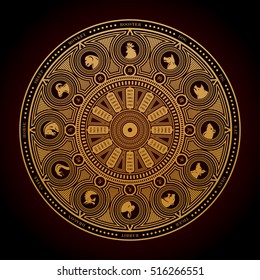 Chinese zodiac wheel, a vector illustration of Chinese zodiac wheel with years and animal silhouettes