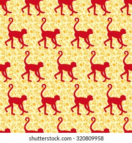 Chinese zodiac year of the monkey design. Red and gold seamless pattern background with monkeys.