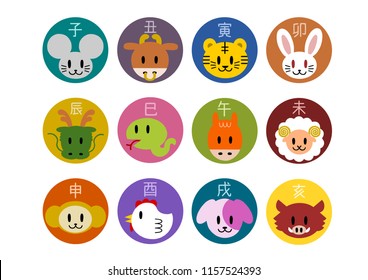 Chinese zodiac,Japanese zodiac: icons set 
The twelve signs of the oriental zodiac: Chinese character