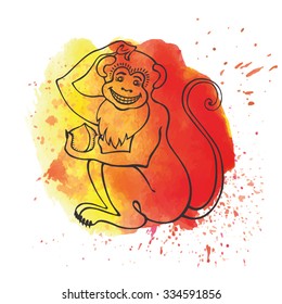 Chinese zodiac.Monkey on watercolor splash texture background.Fire yellow,red colors.Translation symbol of 2016 year.Sign,Linear icon.Monkey holding peach.New year holiday Vector.Artistic background