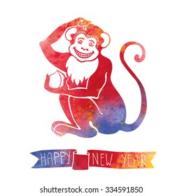 Chinese zodiac.Monkey on watercolor texture background.Fire yellow,red colors.Translation symbol of 2016 year.Sign,Linear icon.Monkey holding peach.New year holiday Vector.Artistic background