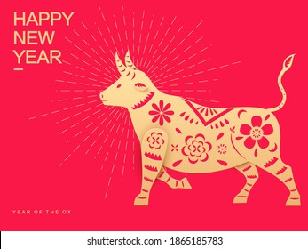 Chinese Zodiac-Ox, Chinese traditional handicraft paper cutting, Chinese traditional New Year, flower pattern