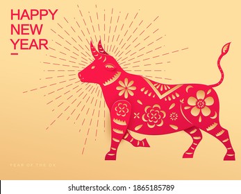 Chinese Zodiac-Ox, Chinese traditional handicraft paper cutting, Chinese traditional New Year, flower pattern