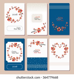 Chinese/asian 2016 New Year concept with plum blossom. Floral frame. Oriental season greetings. Graphic set with wreaths, flowers, herbs, laurels. Invitation template, postcard, logotype template