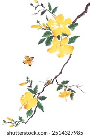 Chinesepainting Butterfly Flying Around Yellow Hibiscus Flower