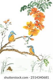 Chinesepainting Kingfisher Bird on The Branch 