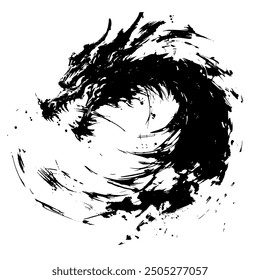 Chinese's Dragon, Ink Painting. Calligraphic ink Isolated on White Background, Oriental Decorative Element, Eastern Dragon Sketch.. 