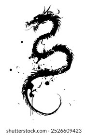 Chinese's Dragon, Ink Painting. Calligraphic ink Isolated on White Background, Oriental Decorative Element, Eastern Dragon Sketch.. 