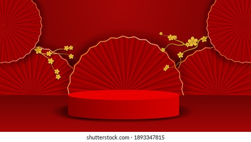 Chineses Thema Produktpräsentation Podium. Design mit chinesischem Fan und Baum auf rotem Hintergrund für Broschüre, Banner, Poster. Vektorgrafik. Illustration.