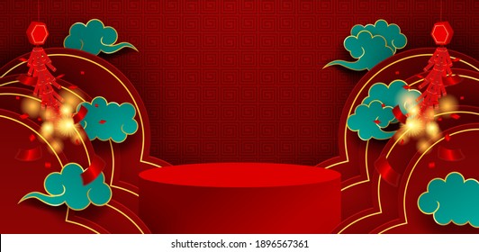 Chineses theme product display podium. Design with firecracker and cloud on red background. Vector. illustration. for brochure, banner, poster. Vector. illustration.