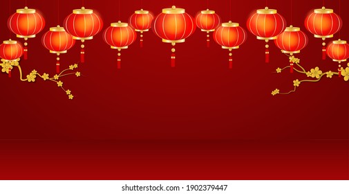 El podio de la exposición de productos temáticos chinos. Diseño con linterna y árbol sobre fondo rojo. Vector. ilustración. para folleto, pancarta, afiche. Vector. ilustración.