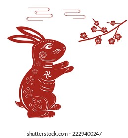 Chinese-style paper-cut rabbit plum blossom moire material