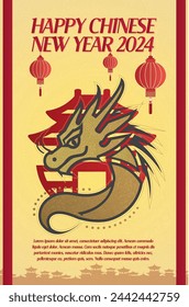Afiche vertical del Año Nuevo chino, Linterna colgante roja tradicional, Dragón