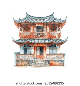 chinesse traditional house vector illustration in watercolor style