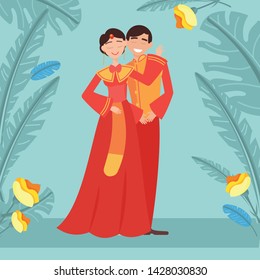 Chinesse wedding, image with bride, groom wearing traditional dress, local customs marriage. Vector image of Wedding China couple in traditional clothes. Chinesse wedding vector illustration. Vector