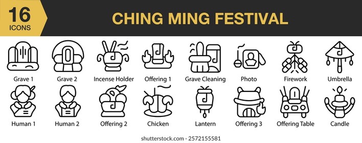 Ching Ming Festival icon set. Includes festival, asian, chinese, culture, people, ancestors, and More. Outline icons vector collection.