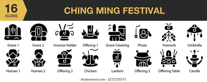 Ching Ming Festival solid icon set. Includes festival, asian, chinese, culture, people, ancestors, and More. Solid icons vector collection.