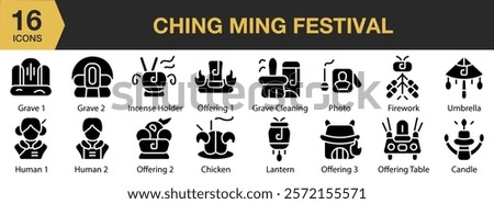 Ching Ming Festival solid icon set. Includes festival, asian, chinese, culture, people, ancestors, and More. Solid icons vector collection.