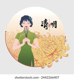 Ching Ming Festival oder Grab-Sweeping Tag, Frau trägt Cheongsam beten mit Räucherstäbchen Vektor-Illustration. (Text: Ching Ming Festival)