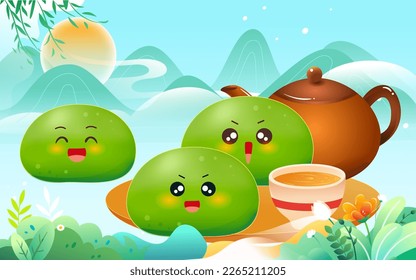 ching ming festival traditional snack Qingtuan with mountains and plants in the background, vector illustration