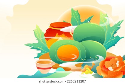 ching ming festival traditional snack Qingtuan with mountains and plants in the background, vector illustration