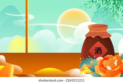 ching ming festival traditional snack Qingtuan with mountains and plants in the background, vector illustration