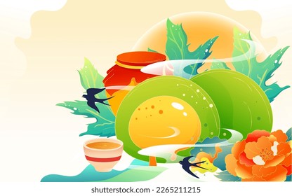 ching ming festival traditional snack Qingtuan with mountains and plants in the background, vector illustration