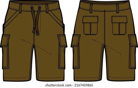 Chino Cargo Shorts entwerfen flache Skizze, Vektorgrafik, Gebrauchsschnürkonzept mit Vorder- und Rückseite, gedrucktes Cargo-Dienstprogramm bermuda kurze Design-Illustration