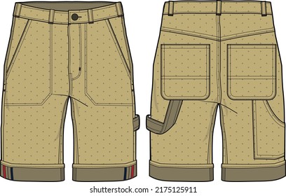 Chino Carpenter Shorts diseñan dibujo plano ilustración vectorial, denim concepto de shorts casuales con vista frontal y posterior, utilidad de carga impresa bermuda shorts ilustración de diseño