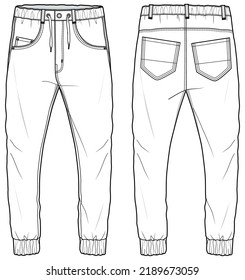 Chino Joggers Pant Front and Back View. Ilustración de moda, vector, CAD, dibujo técnico, plano.