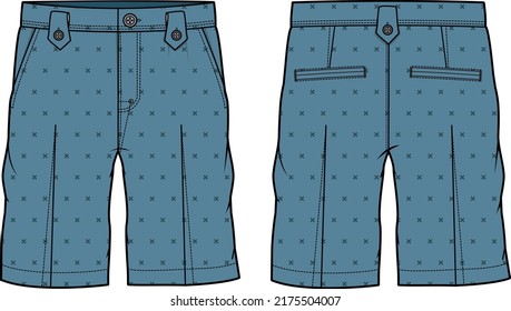 Chino sartorial Shorts design flat sketch vector illustration, denim casual shorts concept with front and back view, printed walking bermuda shorts design illustration