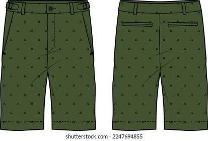 Chino sartorial Shorts design flat sketch vector illustration, denim casual shorts concept with front and back view, printed walking bermuda walking shorts design illustration